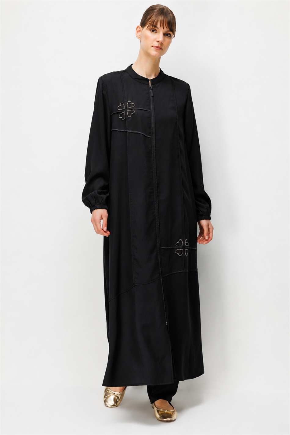 100% Təbii LyoCELL Əl işi və Qabırğalı Zamansız Abaya - Qara