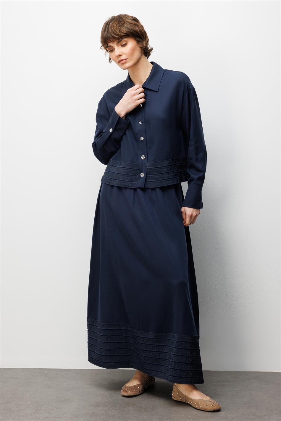 %100 Doğal LyoCELL ile Dökümlü Soft Hissiyat ve Elişi Bant Detaylı Maxi Etek / Ceket Kombin Takım-Laci