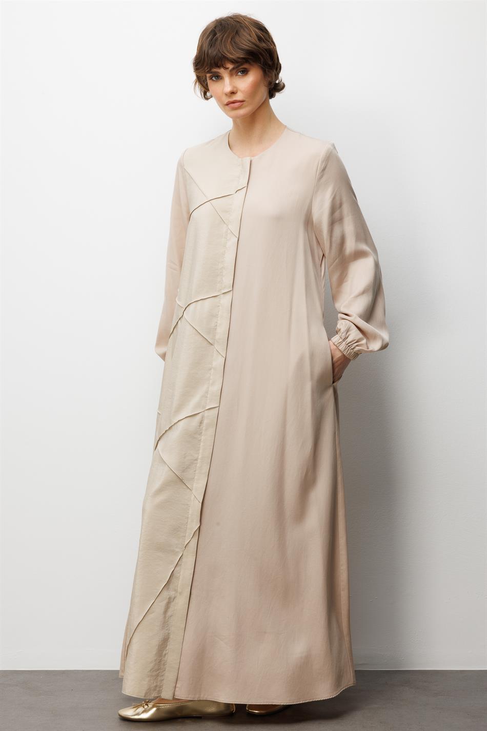 %100 Doğal LyoCELL ile Dökümlü Soft Hissiyat Rahat Kalıp Nervur Detaylı Ferace-Taş