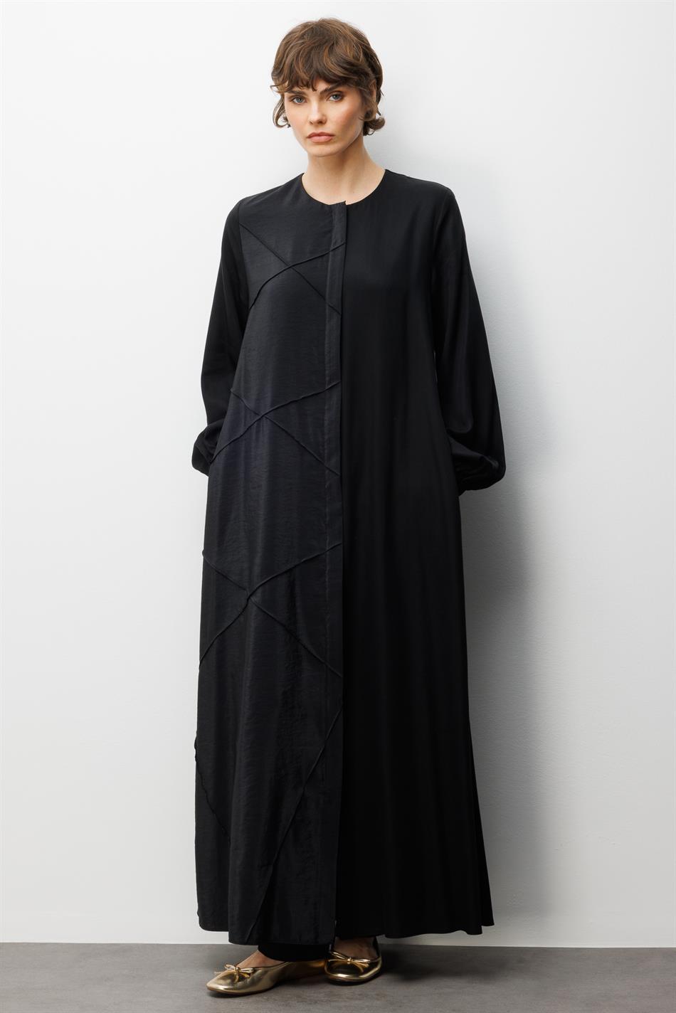 %100 Doğal LyoCELL ile Dökümlü Soft Hissiyat Rahat Kalıp Nervur Detaylı Ferace-Siyah