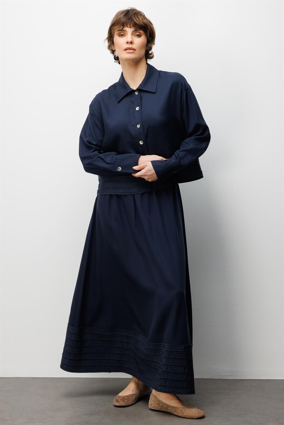 %100 Doğal LyoCELL ile Dökümlü Soft Hissiyat ve Elişi Bant Detaylı Maxi Etek / Ceket Kombin Takım-Laci