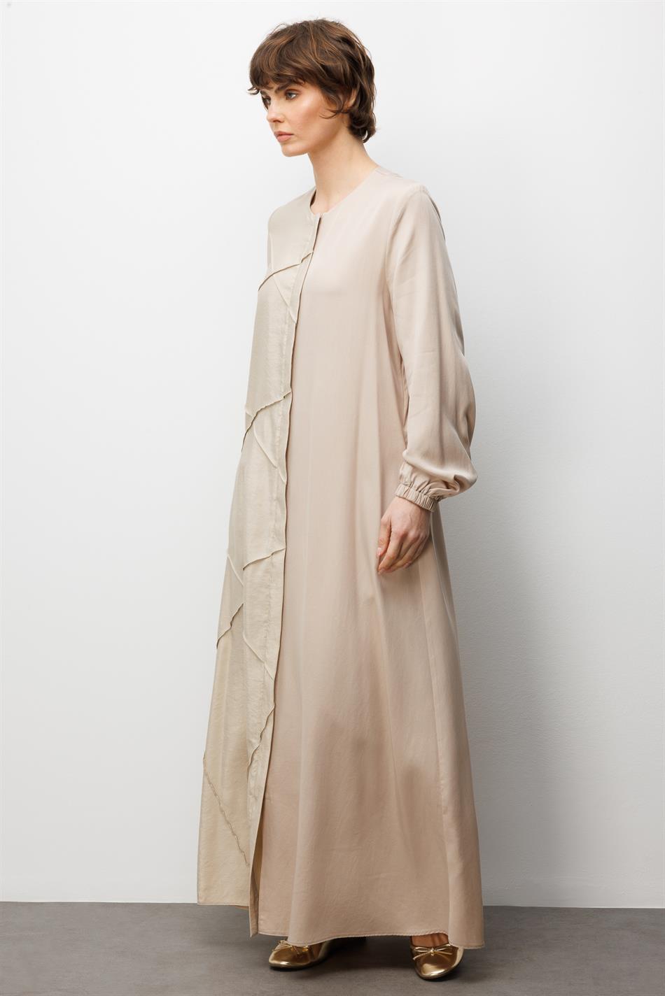 %100 Doğal LyoCELL ile Dökümlü Soft Hissiyat Rahat Kalıp Nervur Detaylı Ferace-Taş