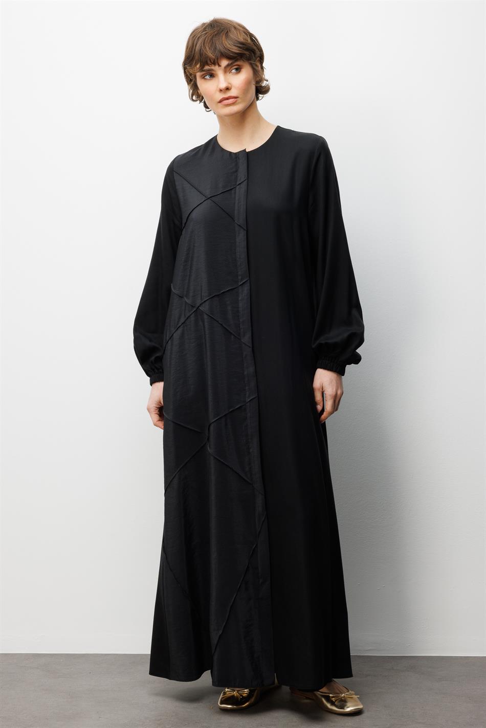 %100 Doğal LyoCELL ile Dökümlü Soft Hissiyat Rahat Kalıp Nervur Detaylı Ferace-Siyah