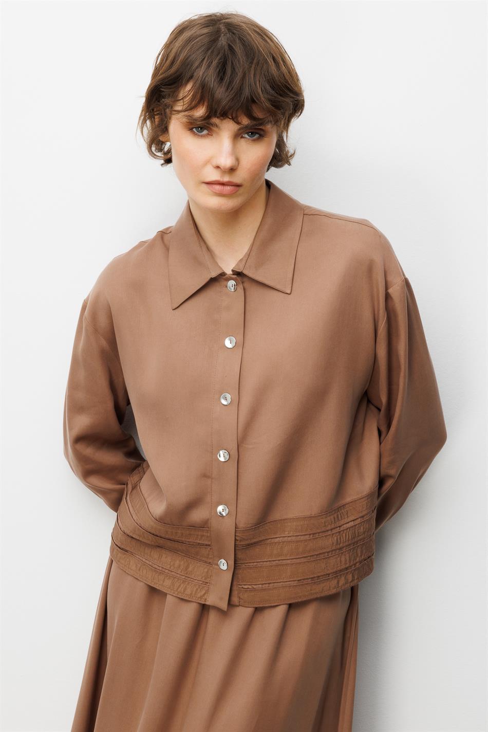 %100 Doğal LyoCELL ile Dökümlü Soft Hissiyat ve Elişi Bant Detaylı Maxi Etek / Ceket Kombin Takım-Kahve