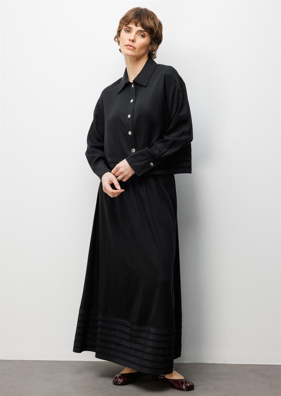 %100 Doğal LyoCELL ile Dökümlü Soft Hissiyat ve Elişi Bant Detaylı Maxi Etek / Ceket Kombin Takım-Siyah