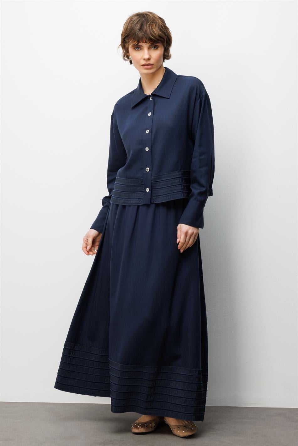 %100 Doğal LyoCELL ile Dökümlü Soft Hissiyat ve Elişi Bant Detaylı Maxi Etek / Ceket Kombin Takım-Laci