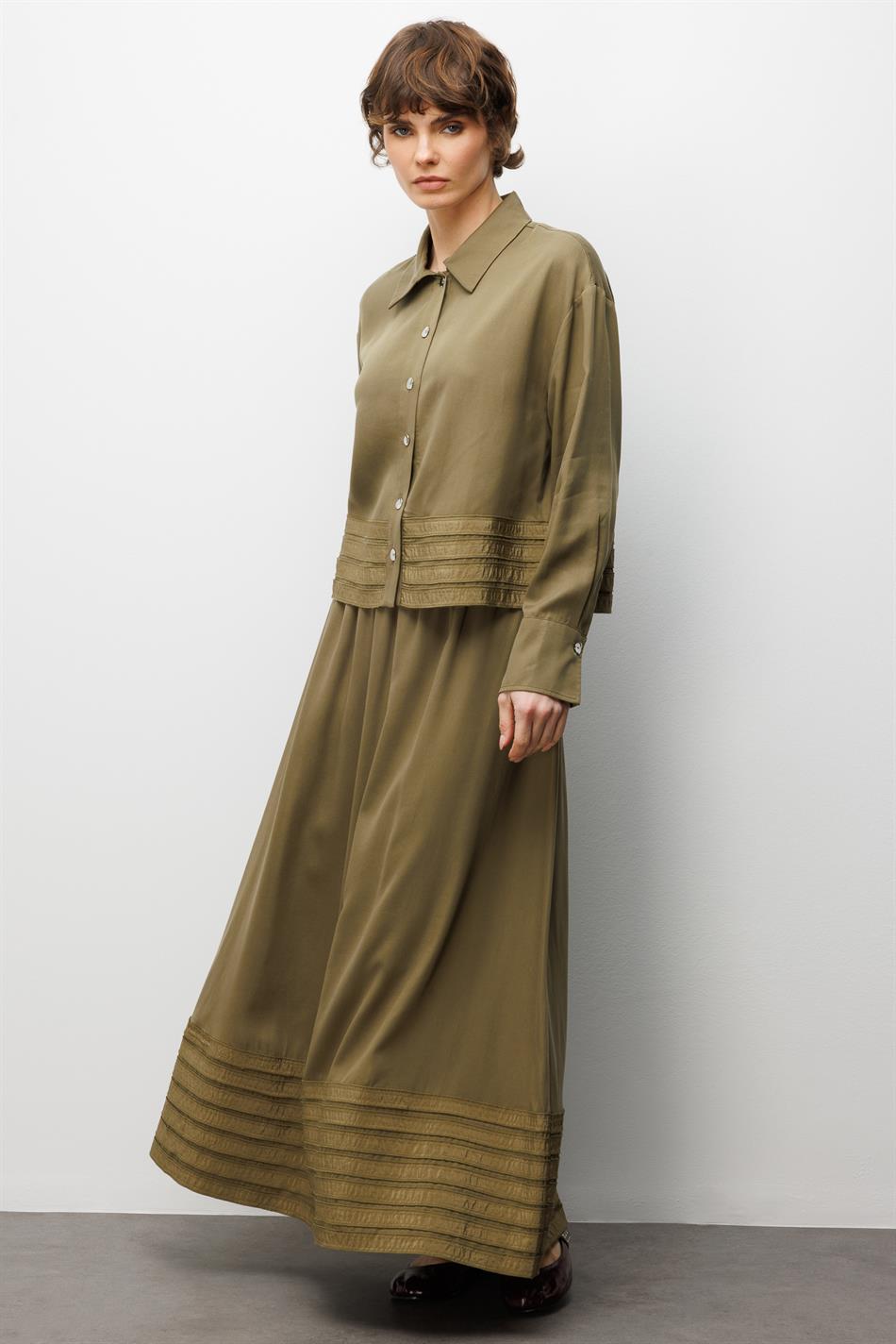 %100 Doğal LyoCELL ile Dökümlü Soft Hissiyat ve Elişi Bant Detaylı Maxi Etek / Ceket Kombin Takım-Haki