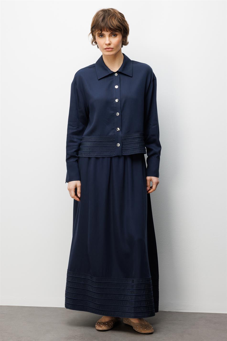 %100 Doğal LyoCELL ile Dökümlü Soft Hissiyat ve Elişi Bant Detaylı Maxi Etek / Ceket Kombin Takım-Laci