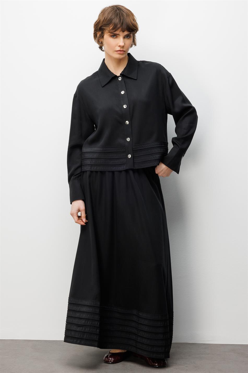 %100 Doğal LyoCELL ile Dökümlü Soft Hissiyat ve Elişi Bant Detaylı Maxi Etek / Ceket Kombin Takım-Siyah