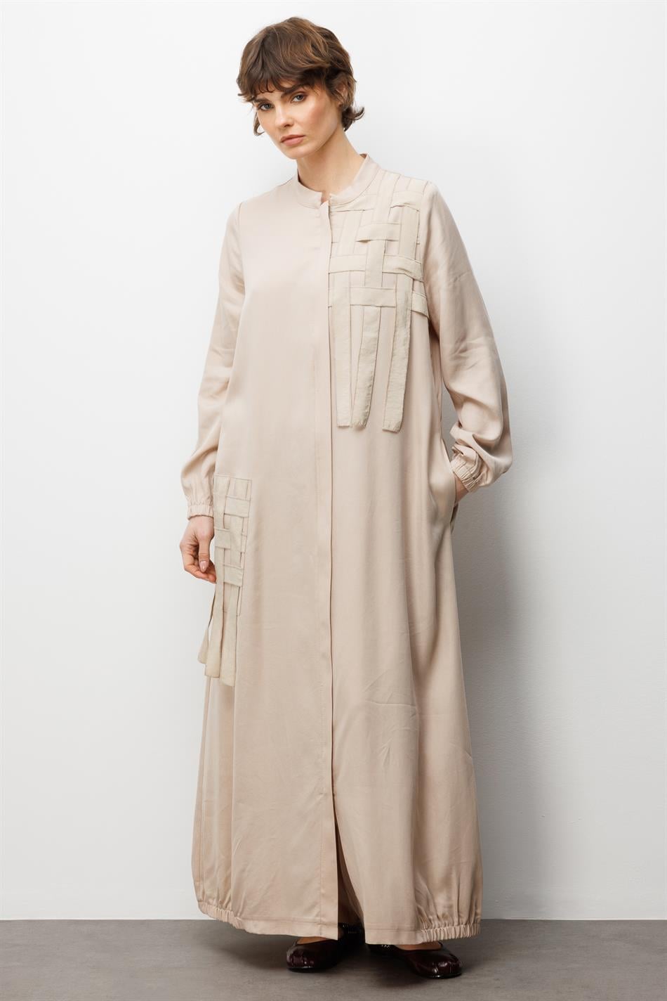 %100 Doğal LyoCELL ile Dökümlü Soft Hissiyat ve Elişi Özel İşleme Hasır Desenli Ferace-Taş