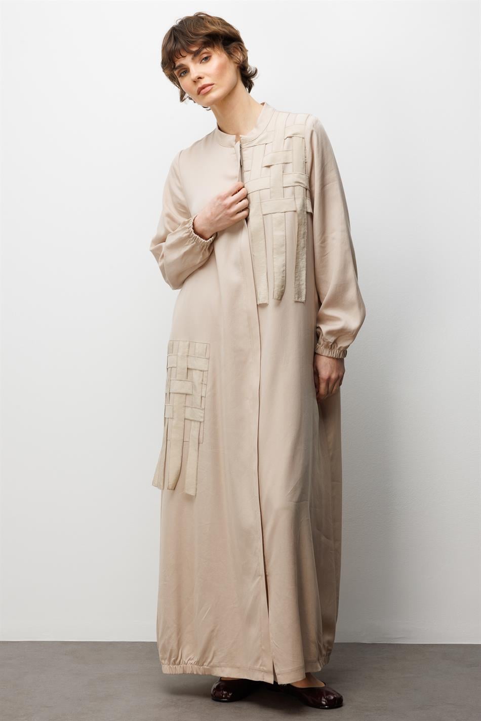 %100 Doğal LyoCELL ile Dökümlü Soft Hissiyat ve Elişi Özel İşleme Hasır Desenli Ferace-Taş