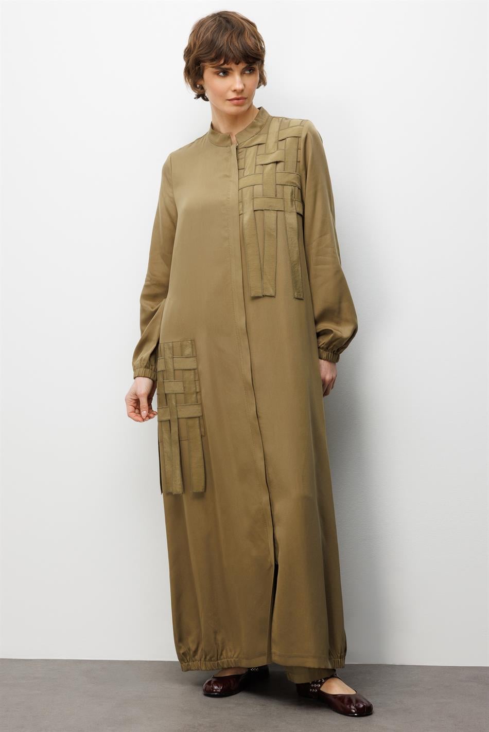 %100 Doğal LyoCELL ile Dökümlü Soft Hissiyat ve Elişi Özel İşleme Hasır Desenli Ferace-Haki