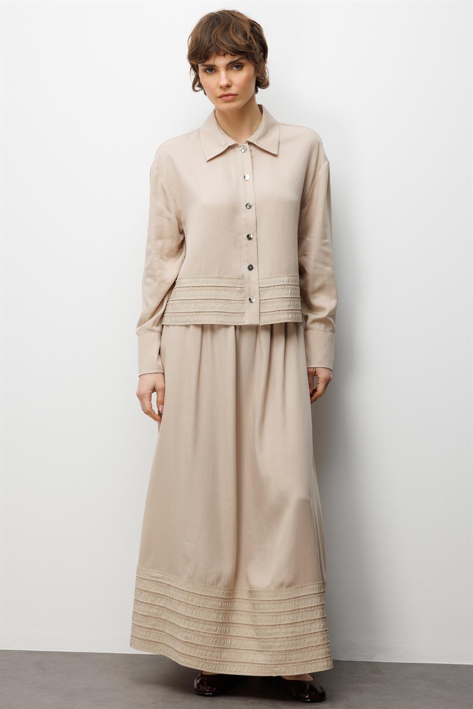 %100 Doğal LyoCELL ile Dökümlü Soft Hissiyat ve Elişi Bant Detaylı Maxi Etek / Ceket Kombin Takım-Taş