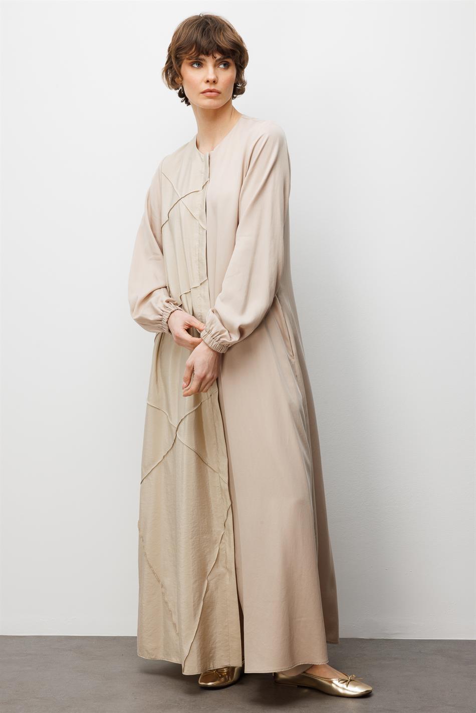 %100 Doğal LyoCELL ile Dökümlü Soft Hissiyat Rahat Kalıp Nervur Detaylı Ferace-Taş