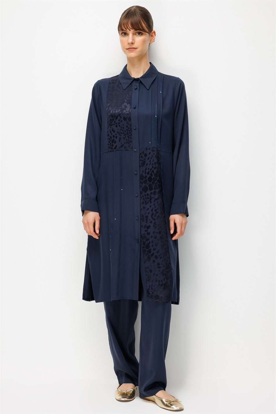 %100 Doğal LyoCELL Leo Garni Detaylı Maxi Tunik ve Pantalon Kombinli Takım-Laci
