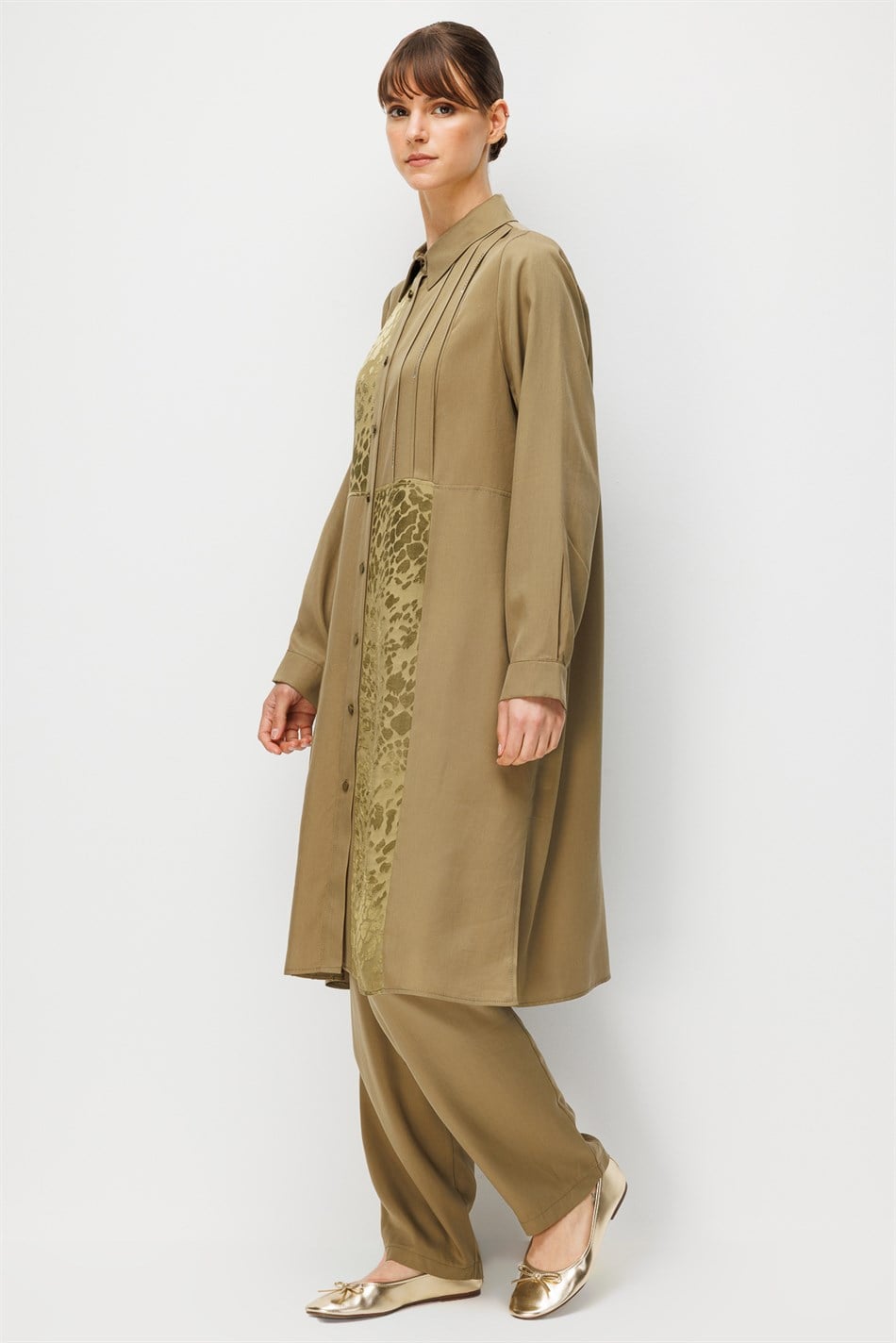 %100 Doğal LyoCELL Leo Garni Detaylı Maxi Tunik ve Pantalon Kombinli Takım-Haki