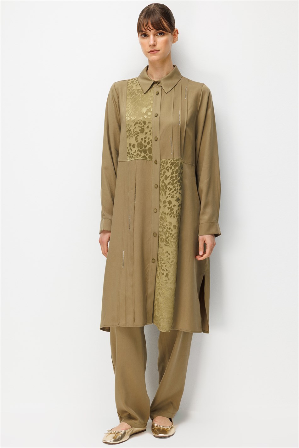 %100 Doğal LyoCELL Leo Garni Detaylı Maxi Tunik ve Pantalon Kombinli Takım-Haki