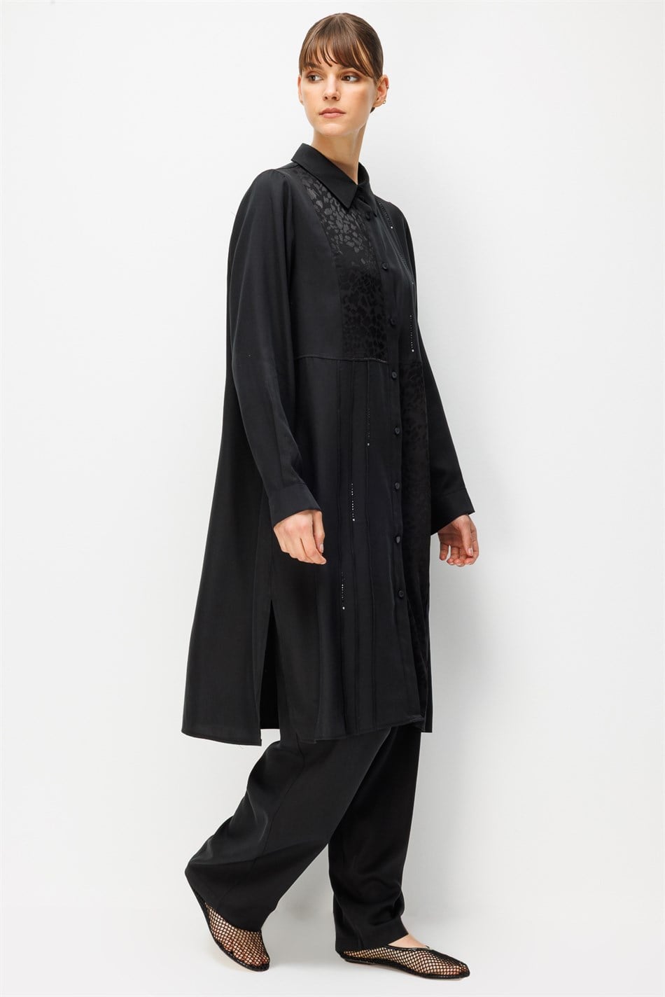 %100 Doğal LyoCELL Leo Garni Detaylı Maxi Tunik ve Pantalon Kombinli Takım-Siyah