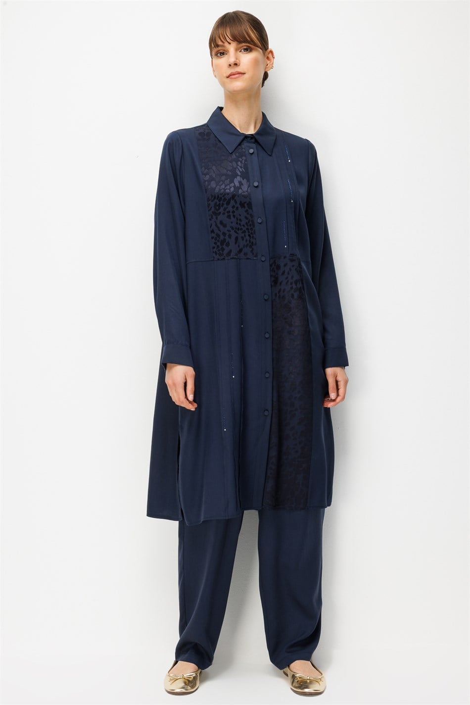 %100 Doğal LyoCELL Leo Garni Detaylı Maxi Tunik ve Pantalon Kombinli Takım-Laci