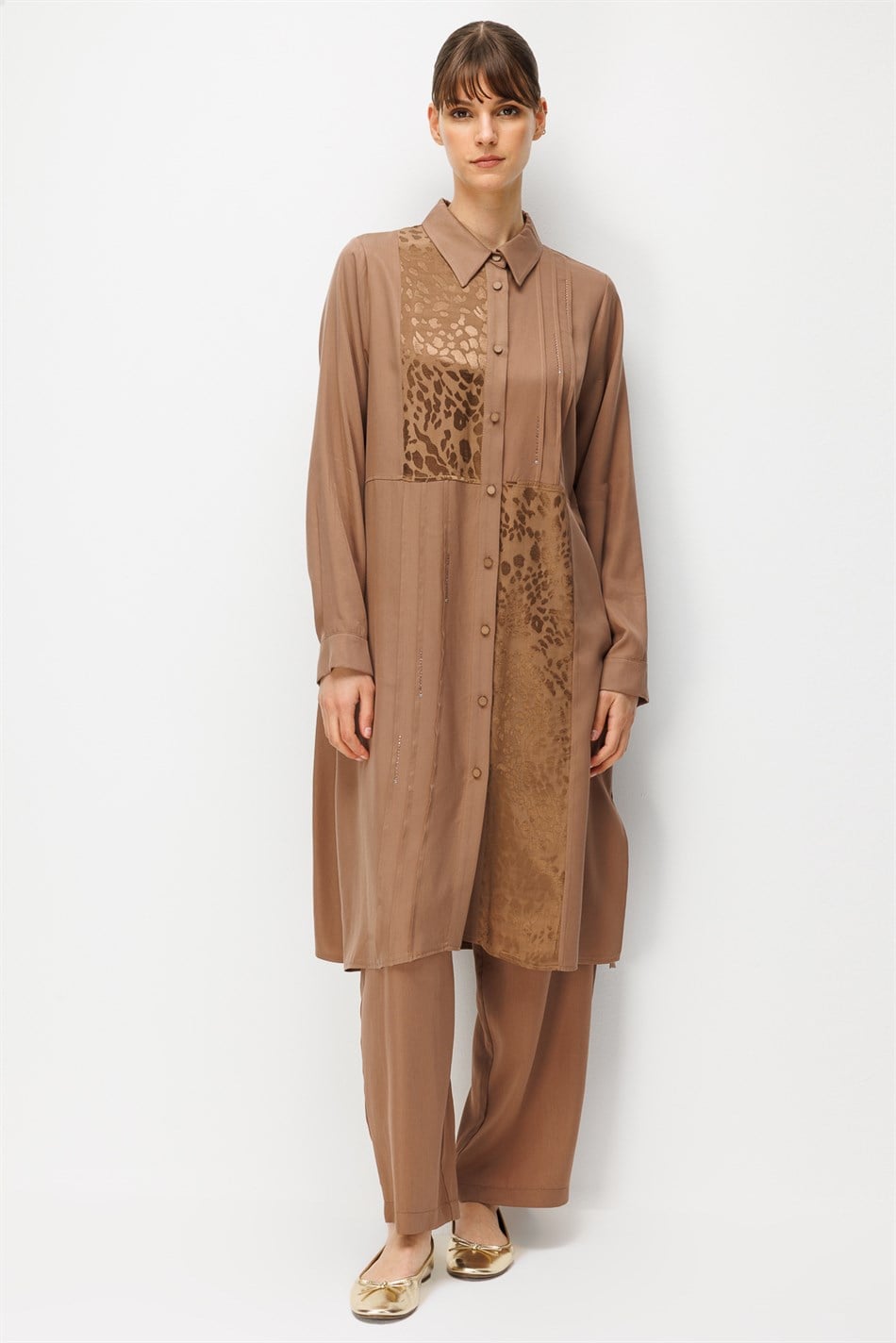 %100 Doğal LyoCELL Leo Garni Detaylı Maxi Tunik ve Pantalon Kombinli Takım-Kahve
