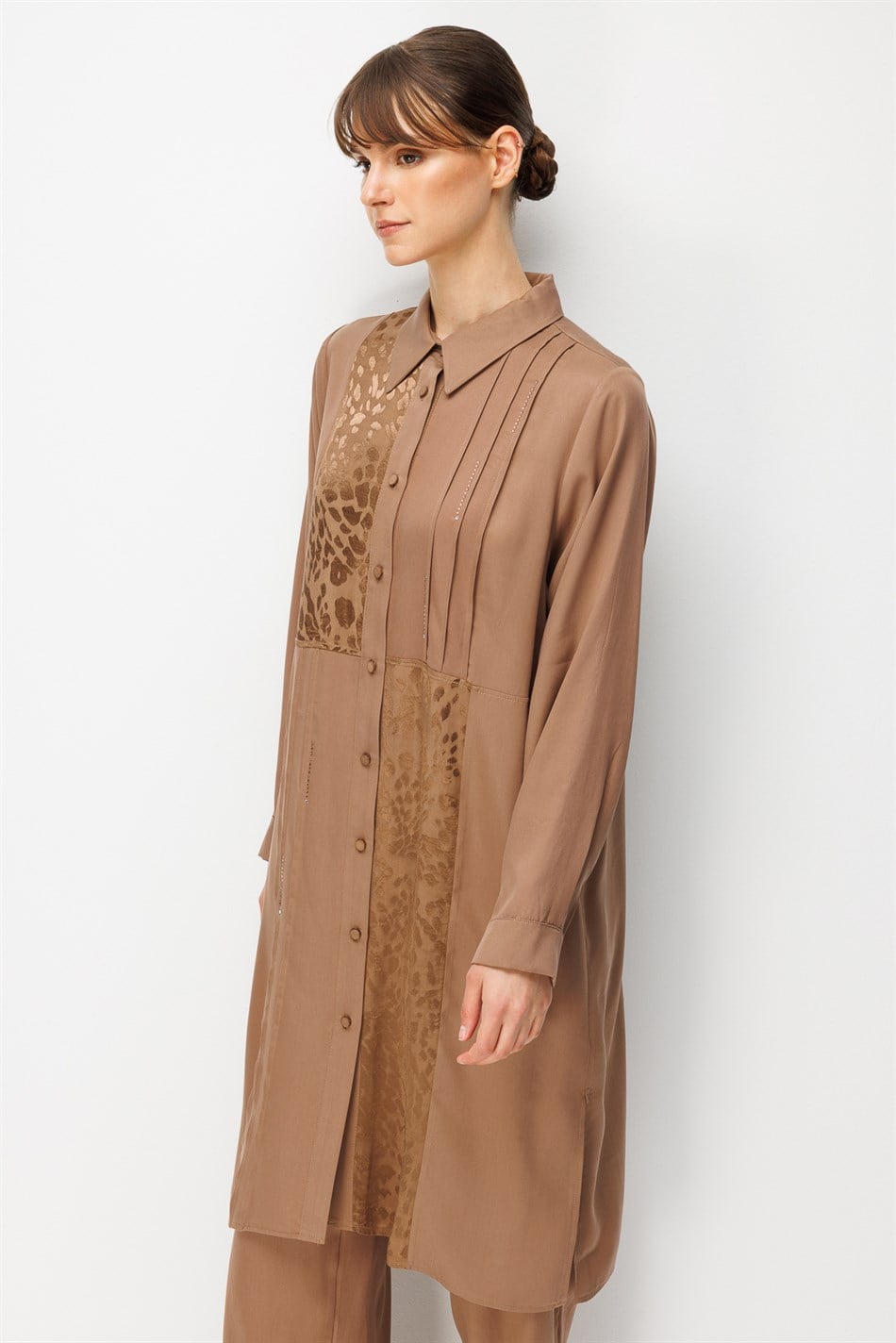 %100 Doğal LyoCELL Leo Garni Detaylı Maxi Tunik ve Pantalon Kombinli Takım-Kahve