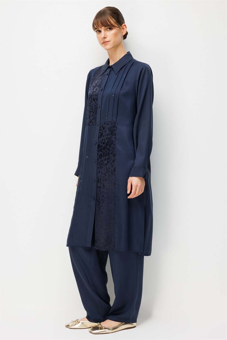%100 Doğal LyoCELL Leo Garni Detaylı Maxi Tunik ve Pantalon Kombinli Takım-Laci