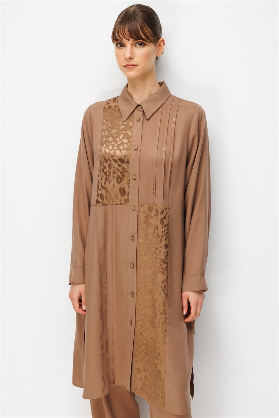 %100 Doğal LyoCELL Leo Garni Detaylı Maxi Tunik ve Pantalon Kombinli Takım-Kahve