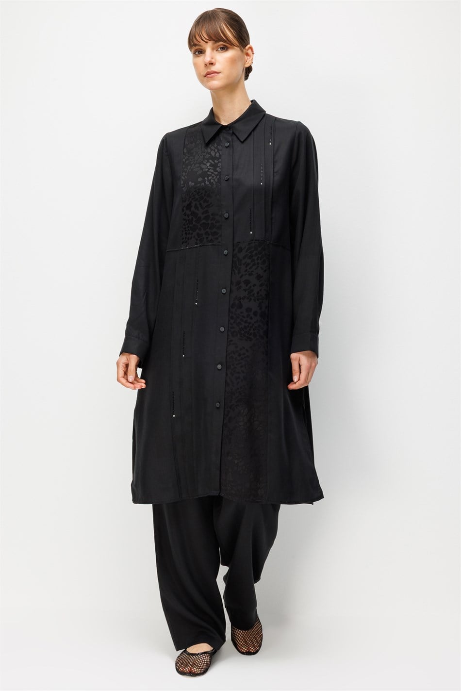 %100 Doğal LyoCELL Leo Garni Detaylı Maxi Tunik ve Pantalon Kombinli Takım-Siyah