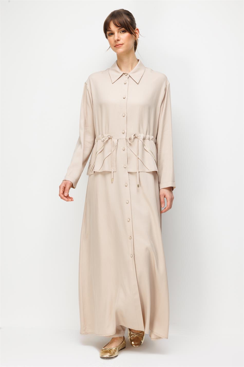 %100 Doğal LyoCELL Maxi Dökümlü Soft Kumaş Elişi Desen Nervür ve Taş İşlemeli Maxi Elbise Ferace-Taş