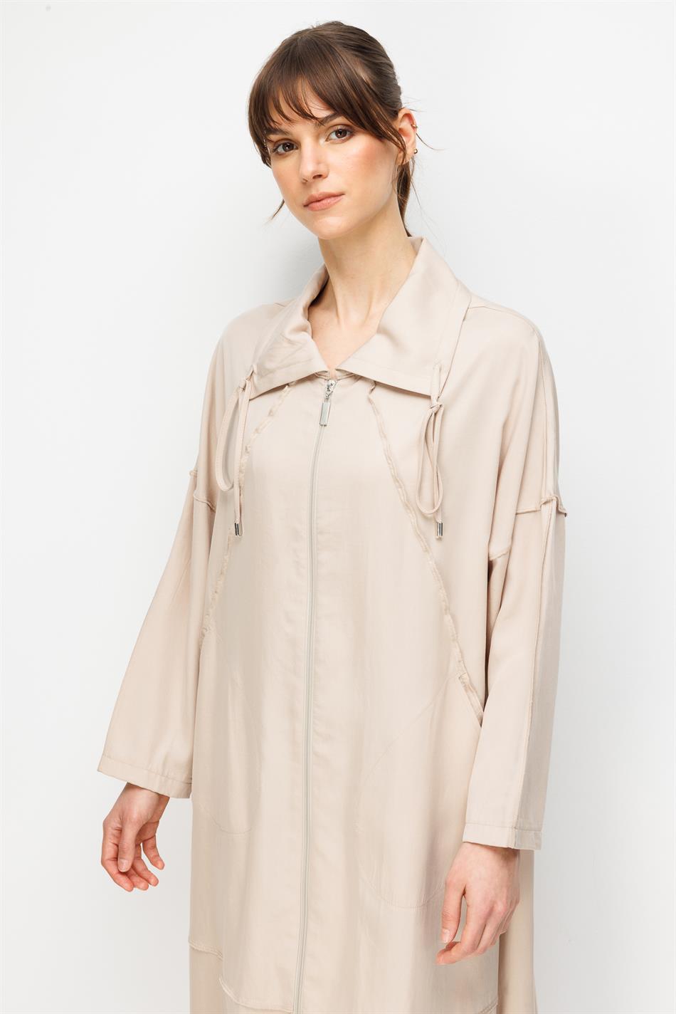 %100 Doğal LyoCELL Maxi Dökümlü Soft Kumaş Özel Dikiş Detaylı Zamansız Kap Ferace-Taş