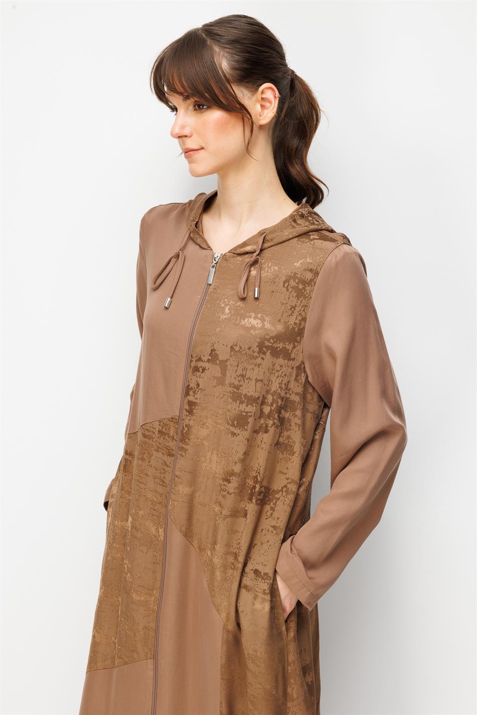 %100 Doğal LyoCELL Maxi Dökümlü Soft Kumaş Desen Geçişli Kap Ferace-Kahve