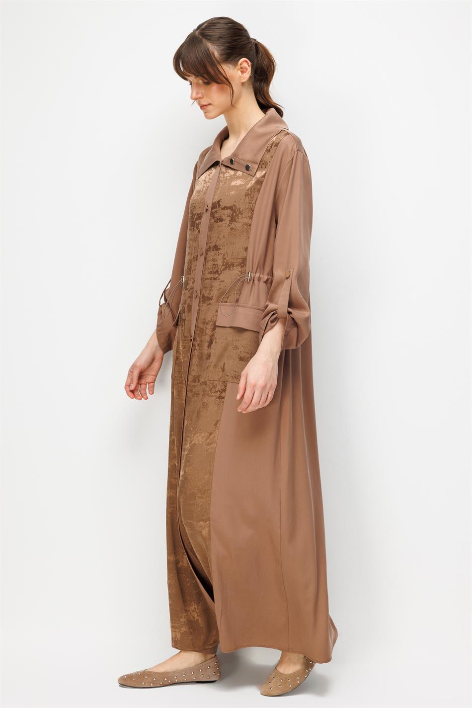 %100 Doğal LyoCELL Maxi Dökümlü Soft Kumaş Desen Geçişli Kap Ferace-Kahve