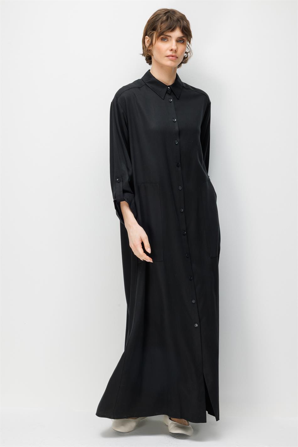 %100 Doğal LyoCELL Maxi Dökümlü Soft Kumaş Zamansız Spor Kap Ferace-Siyah