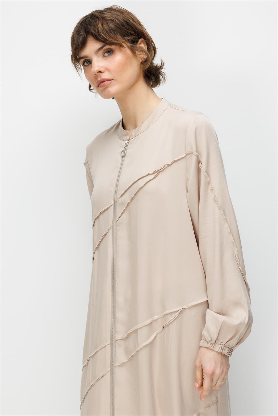 %100 Doğal LyoCELL Maxi Dökümlü Soft Kumaş Aller Ara Diikiş Detaylı Kap Ferace-Taş