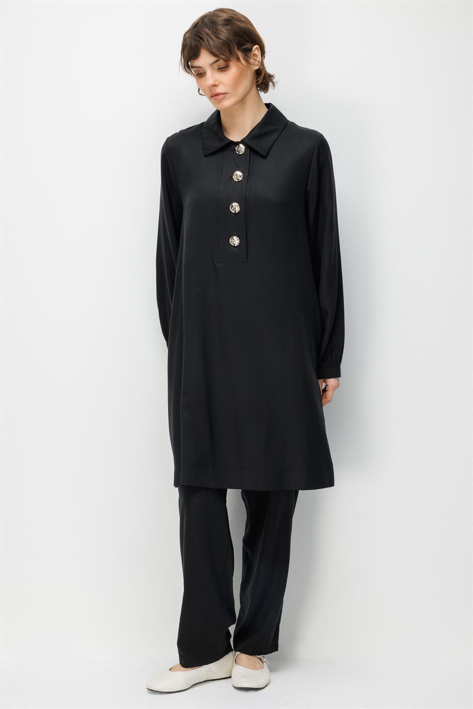 100% natuurlijke LyoCELL maxi-tuniek en broek van zachte, gedrapeerde stof die de heupen bedekt - Zwart