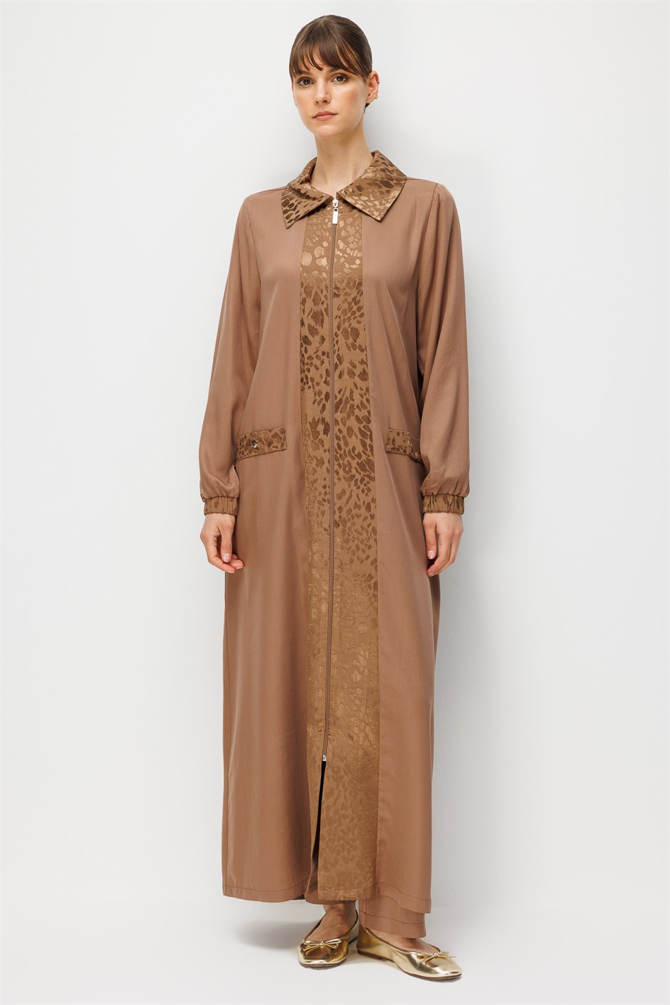 %100 Doğal LyoCELL Maxi Dökümlü Soft Kumaş ve Desen Geçişli Ferace-Kahve