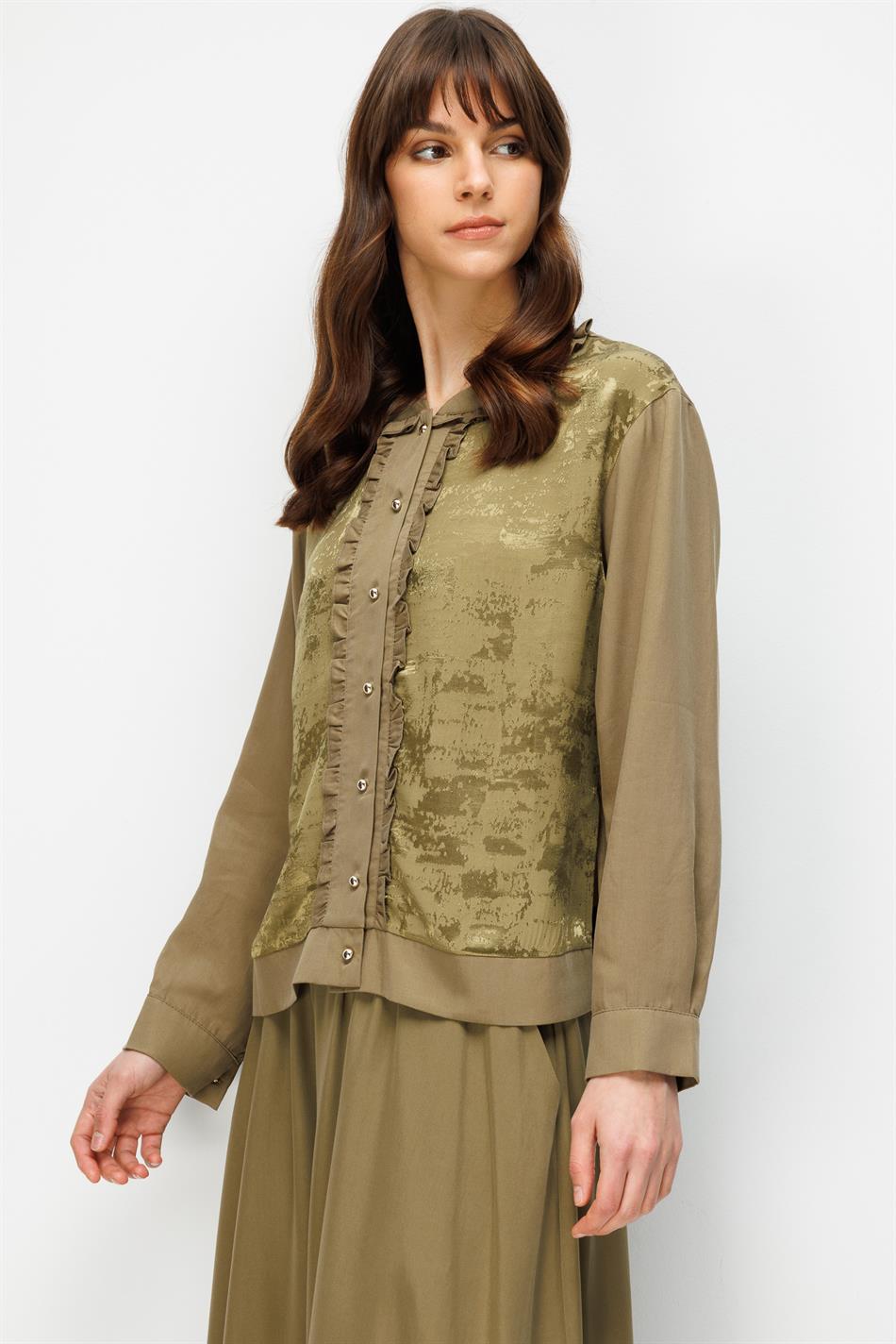 %100 Doğal LyoCELL Maxi Dökümlü Soft Kumaş Etek ve Özel Desen Geçişli Ceket Kombinli TAKIM-Haki