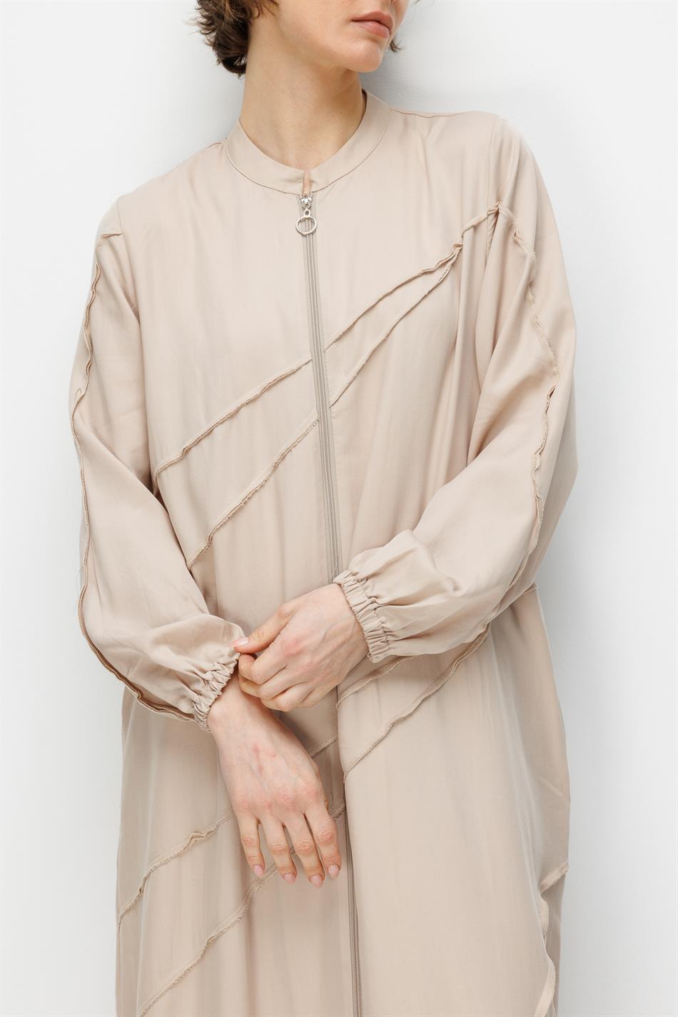 %100 Doğal LyoCELL Maxi Dökümlü Soft Kumaş Aller Ara Diikiş Detaylı Kap Ferace-Taş