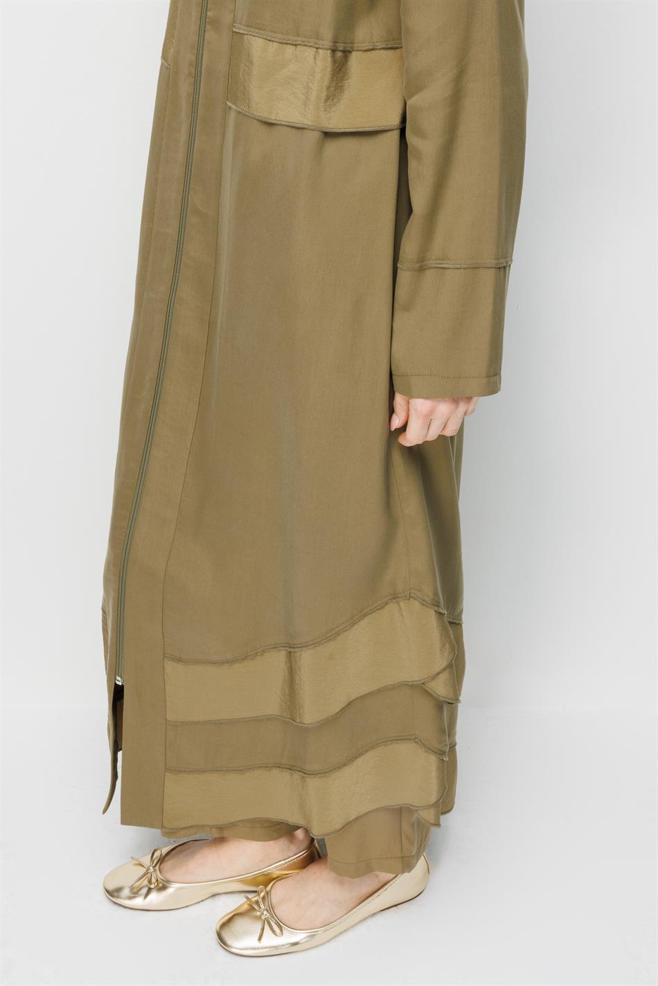 %100 Doğal LyoCELL Maxi Dökümlü Soft Kumaş Aller Bant detaylı Kap Ferace-Haki