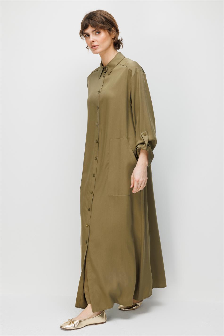 100% natuurlijke LyoCELL maxi gedrapeerde zachte stof, tijdloze sportieve abaya - kaki
