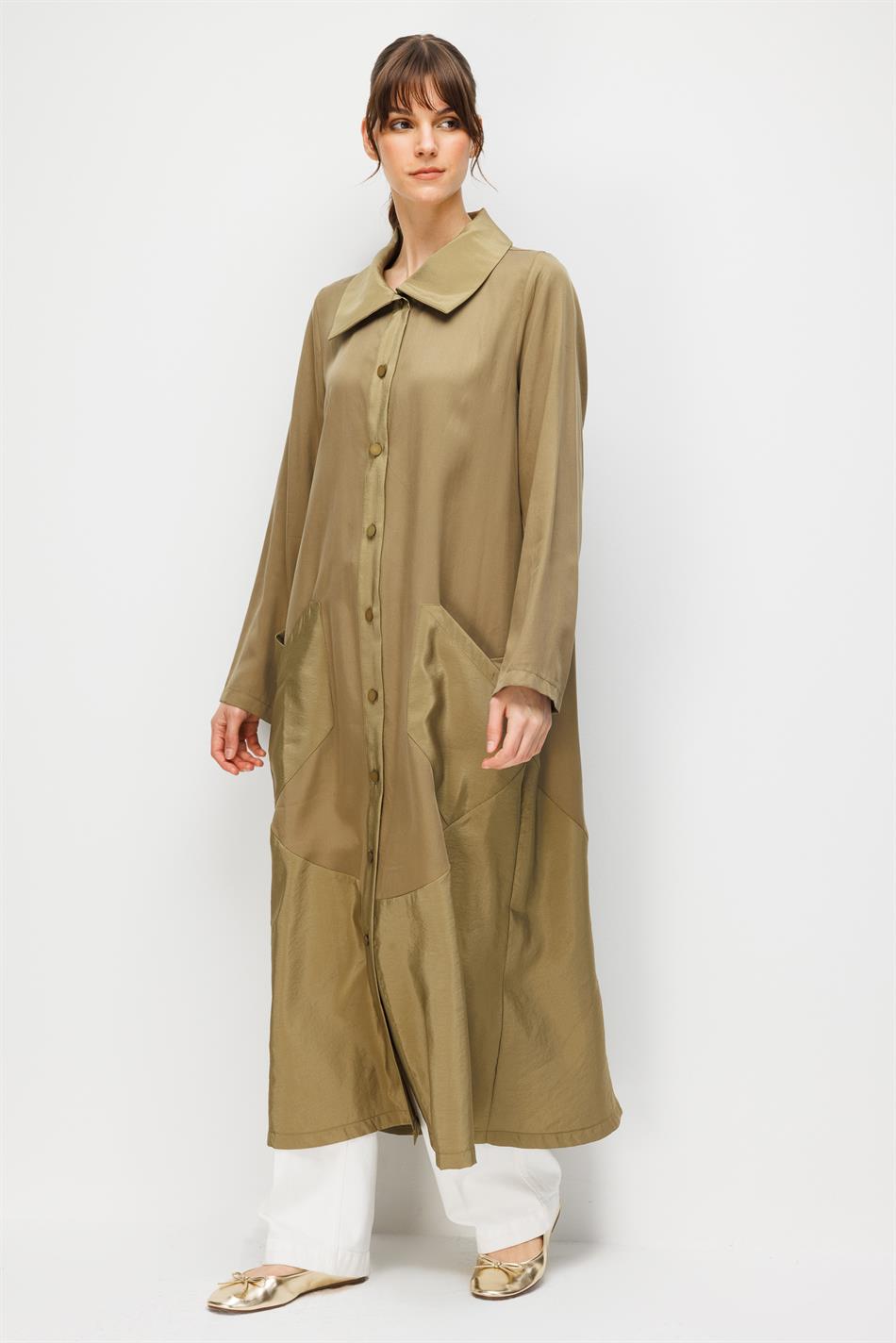 %100 Doğal LyoCELL Maxi Dökümlü Soft Kumaş Garni Kumaşlı Zamansız Kap Ferace-Haki