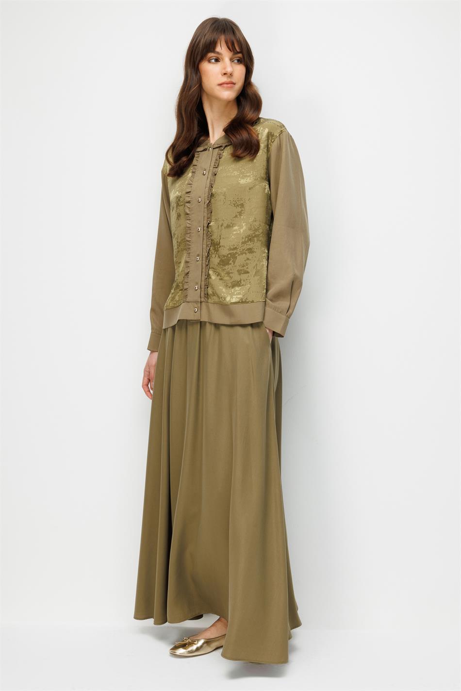 %100 Doğal LyoCELL Maxi Dökümlü Soft Kumaş Etek ve Özel Desen Geçişli Ceket Kombinli TAKIM-Haki