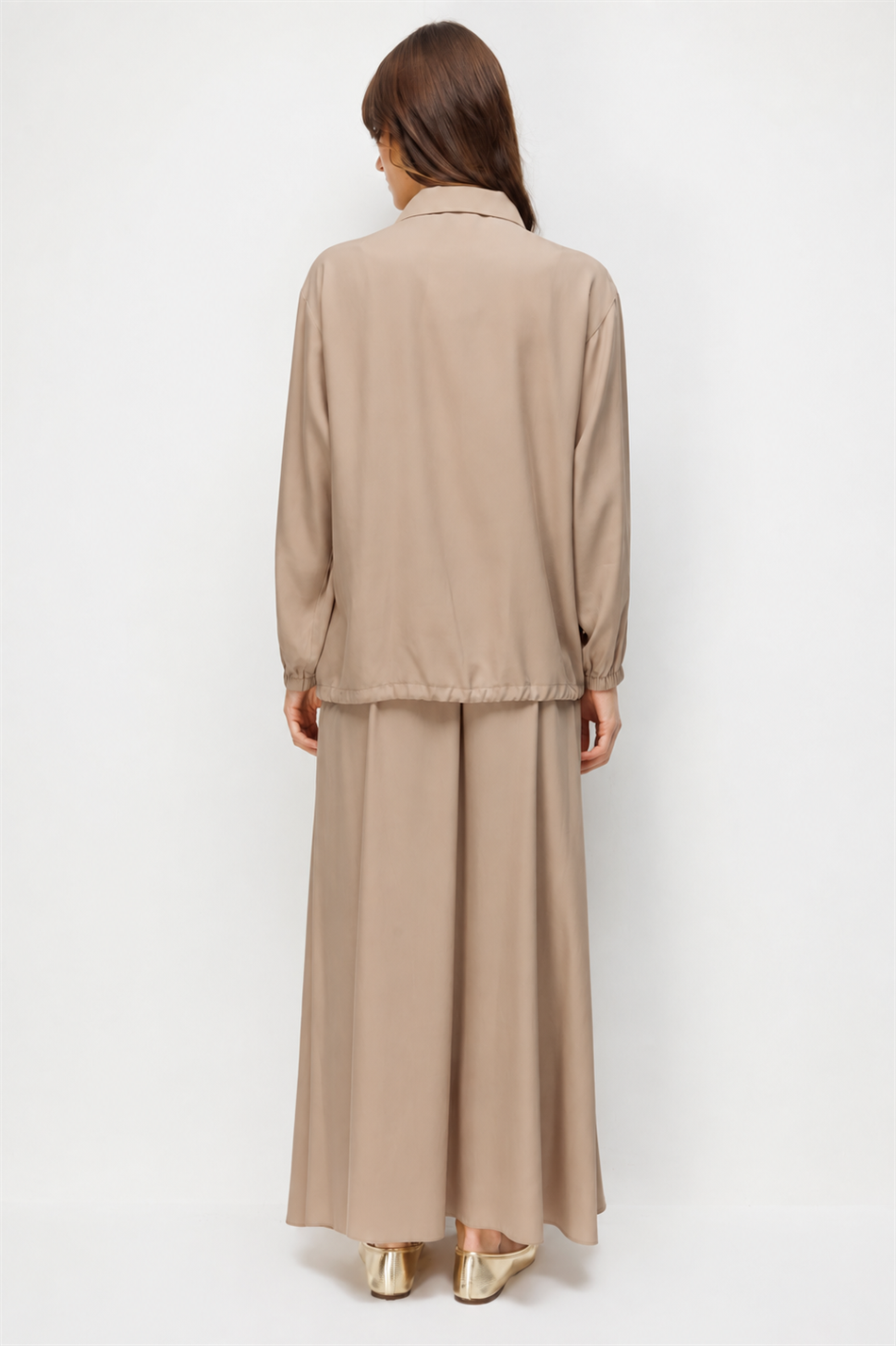 100% Təbii LyoCELL Maxi Draped Yumşaq Parça Gödəkçə və Ətək Dəsti, Örgü ilə Bəzədilmiş Təfərrüatlarla - Qəhvə