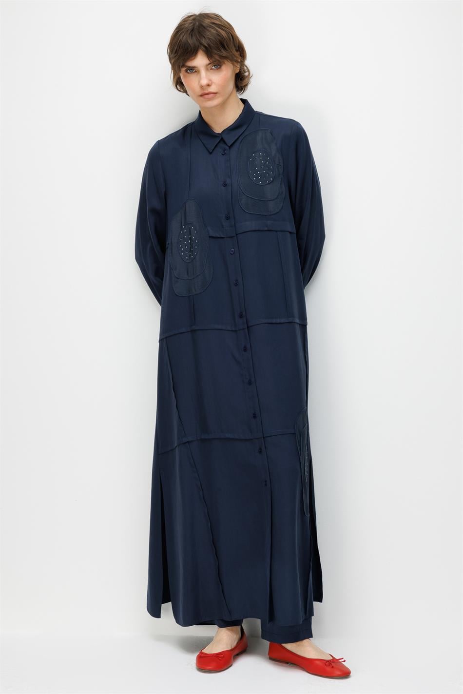 %100 Doğal LyoCELL Maxi Dökümlü Soft Kumaş Elişi Flora İşleme Detaylı Maxi Tunik Ferace-Laci