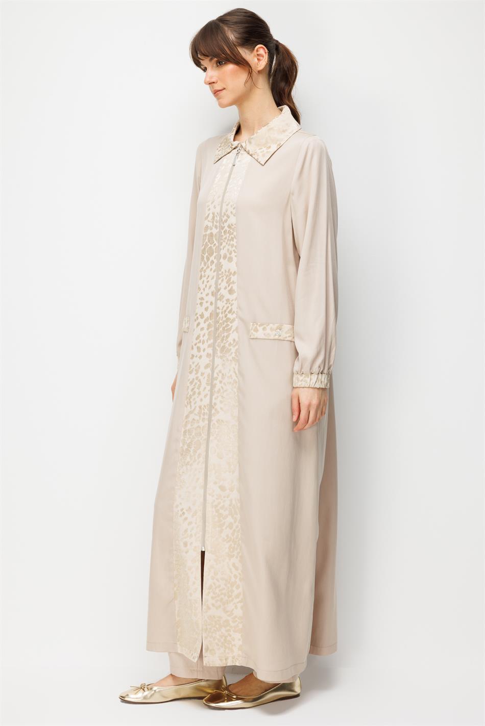 %100 Doğal LyoCELL Maxi Dökümlü Soft Kumaş ve Desen Geçişli Ferace-Taş