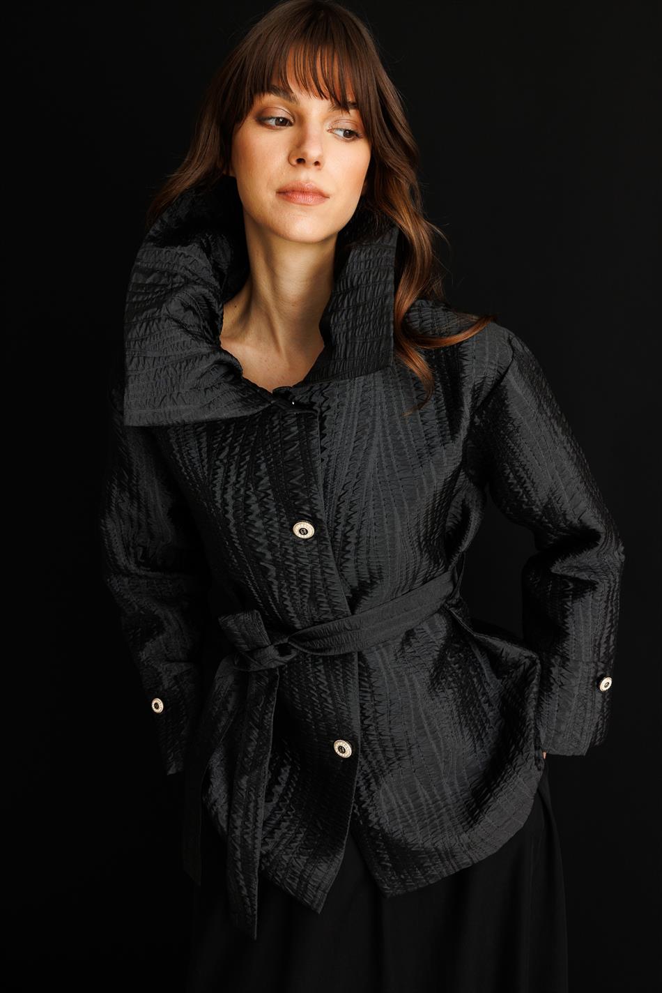 %100 Doğal LyoCELL Maxi Dökümlü Soft Kumaş Etek ve Özel Jakar Kumaş Ceket  Kombinli TAKIM-Siyah