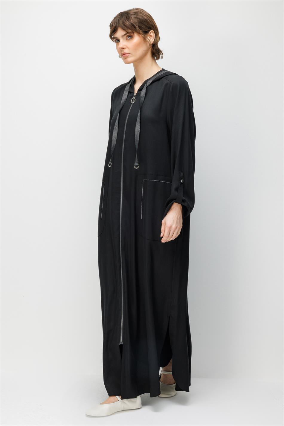 %100 Doğal LyoCELL Maxi Dökümlü Soft Kumaş Spor Garni Detaylı Kap Ferace-Siyah