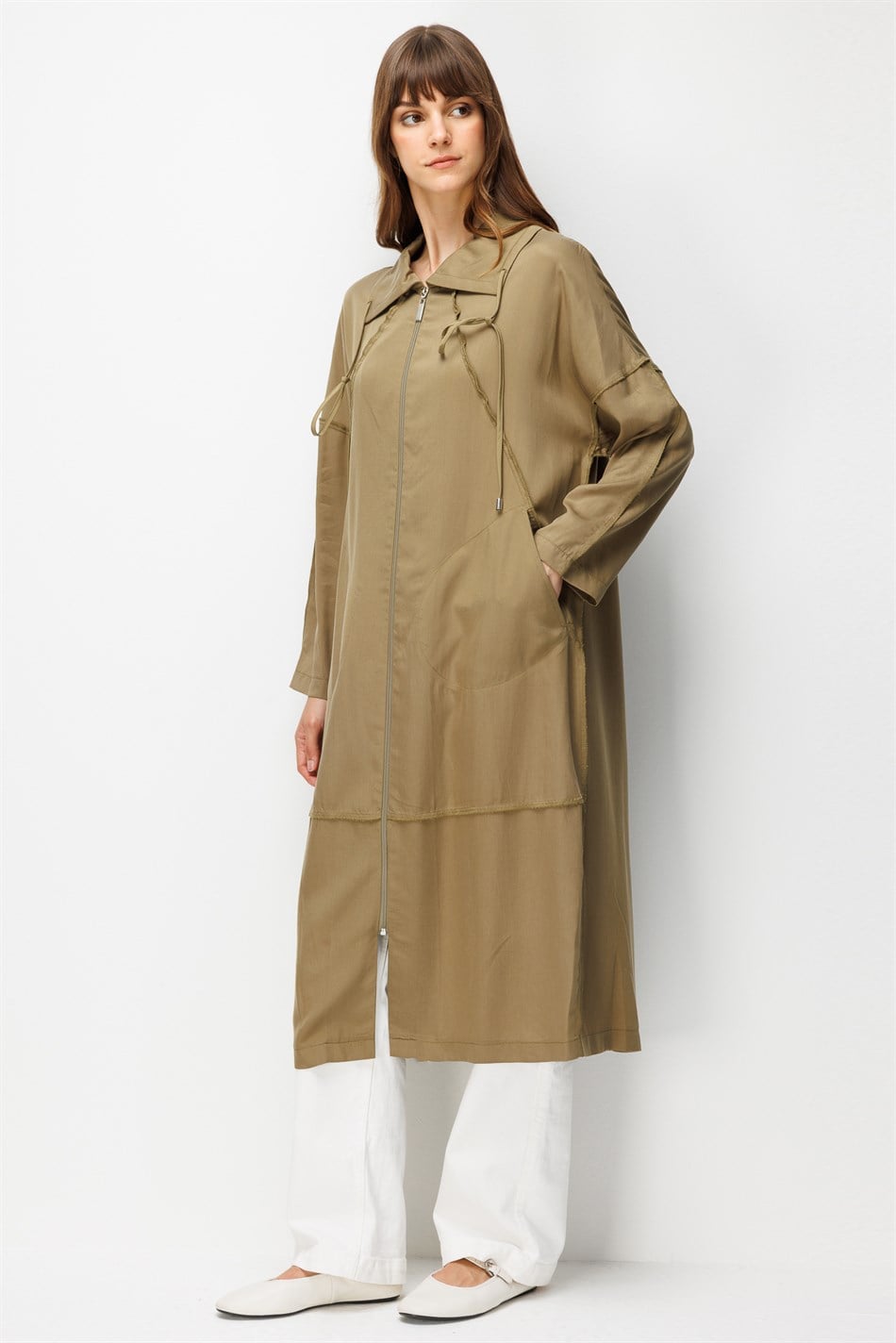 100% Natural LyoCELL Maxi Draped Soft Fabric Timeless Abaya with Special Stitching Details - Khaki