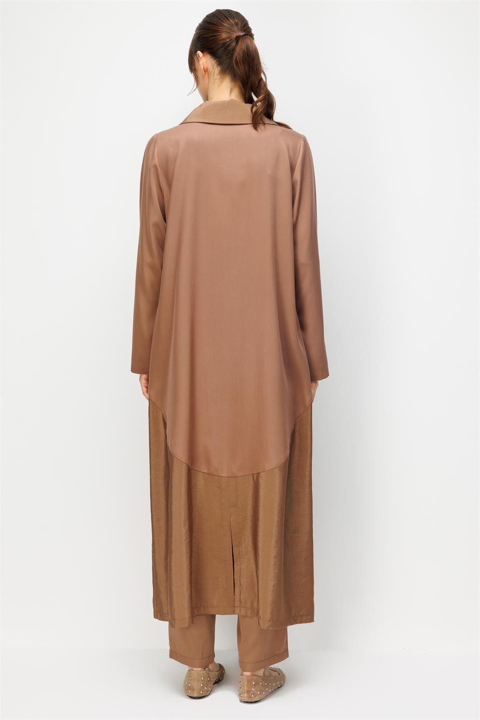 %100 Doğal LyoCELL Maxi Dökümlü Soft Kumaş Garni Kumaşlı Zamansız Kap Ferace-Kahve