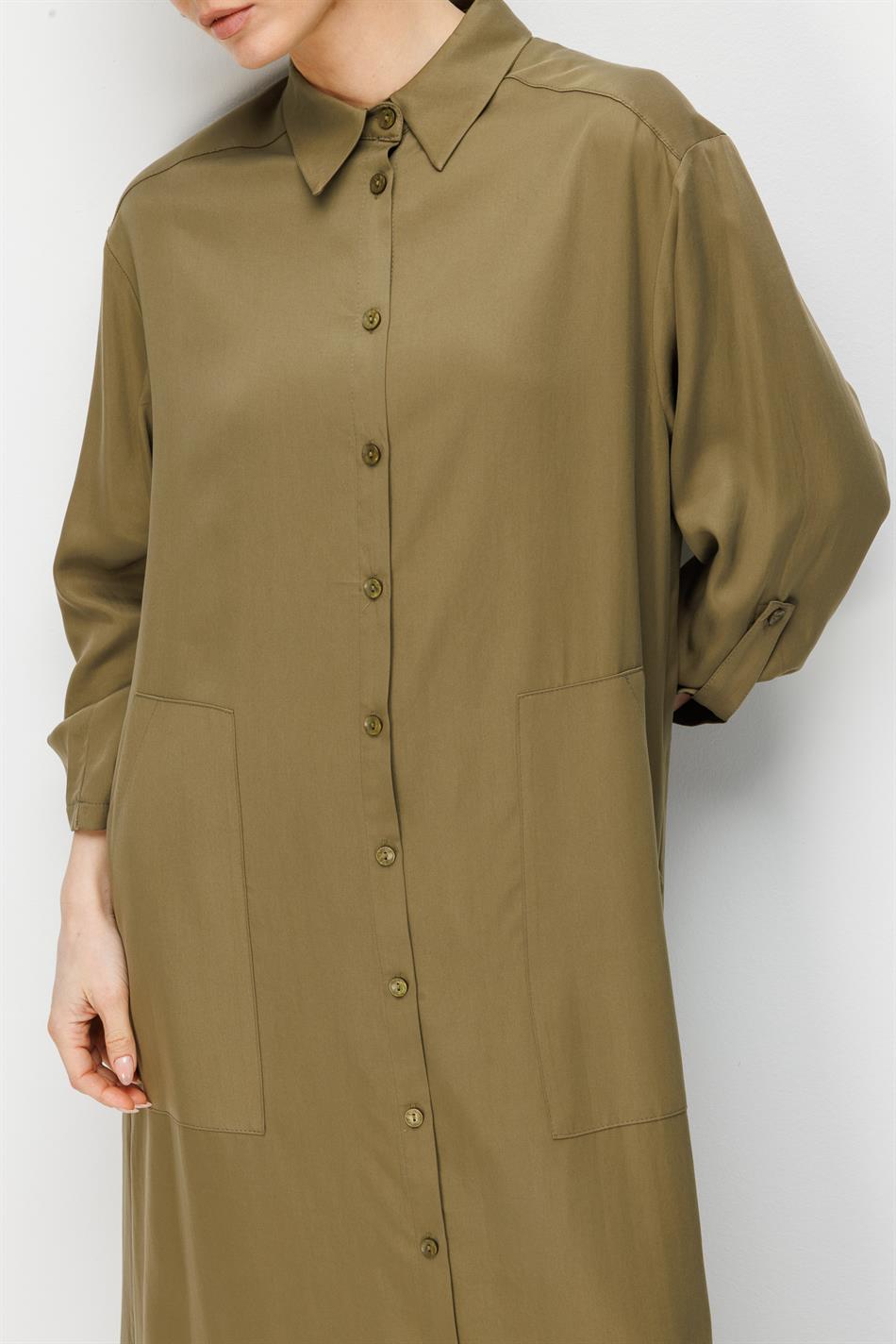 100% natuurlijke LyoCELL maxi gedrapeerde zachte stof, tijdloze sportieve abaya - kaki